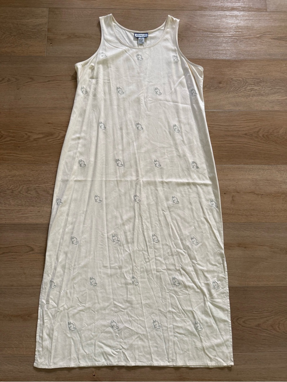Vintage Simply Silk Embroidered Cat 100% Silk Maxi Dress XL Ivory
